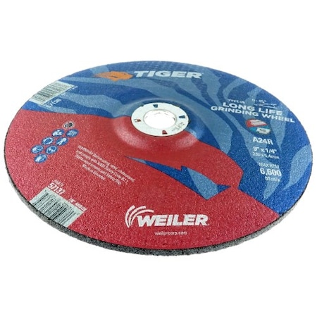 Weiler 9"x 1/4", TIGER AO Type 28 Grinding Wheel, A24R, 7/8" A.H. 57137